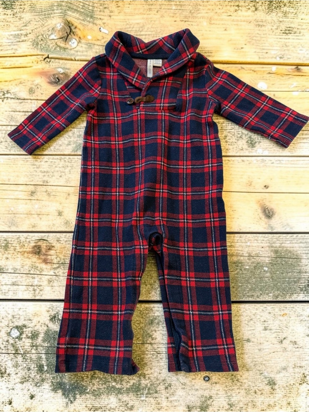 Janie and Jack Plaid Romper 6-12M Navy Red Tartan Shawl Collar Holiday